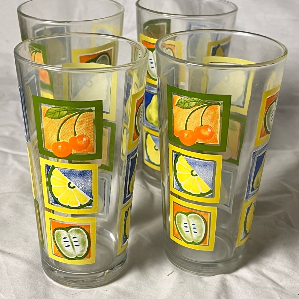 Vintage Libbey Fruit Slice Panel Glasses 16 oz Set of 4 Clear Tea Orchard 70's